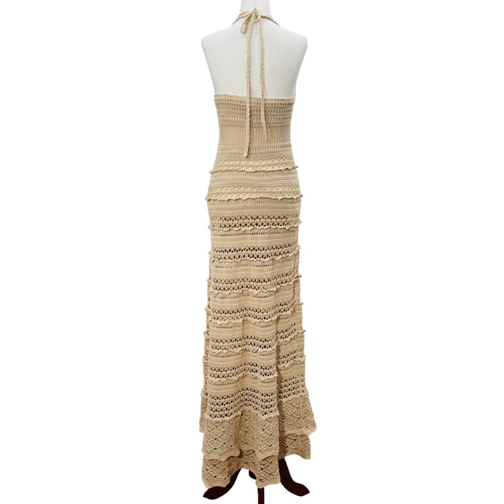Moda International Crochet Maxi Dress Halter Open Knit Boho Festival Beach VTG - Picture 3 of 7